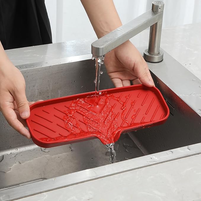 MicoYang Silicone Soap Dish with Drain Spout — Self-Draining Double Sink Organizer Tray for Kitchen & Bathroom, Dispensers, Sponges & Soap Holder, Non-Slip & Dishwasher Safe, Red (Large, 12"×4")