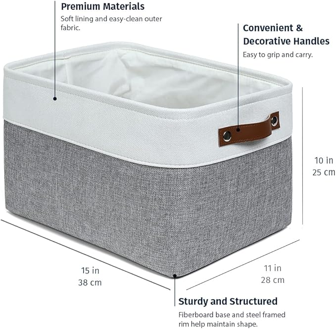 OrganiHaus Large Fabric Storage Baskets for Shelves 3 Pack, 15x11in Closet Storage Bins, Canvas Storage Bin for Organizing, Cloth Baskets, Linen Closet Organizers, Gray/Off-White