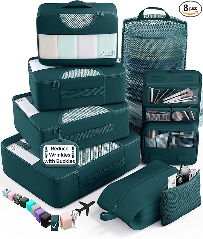 Veken 8 Set Packing Cubes for Travel Essentials, Suitcase Organizer Bags in 4 Sizes, Carry-On Luggage Accessories with Large Laundry & Shoes Bag, Must-Have for Airplane, Road Trip & Camping