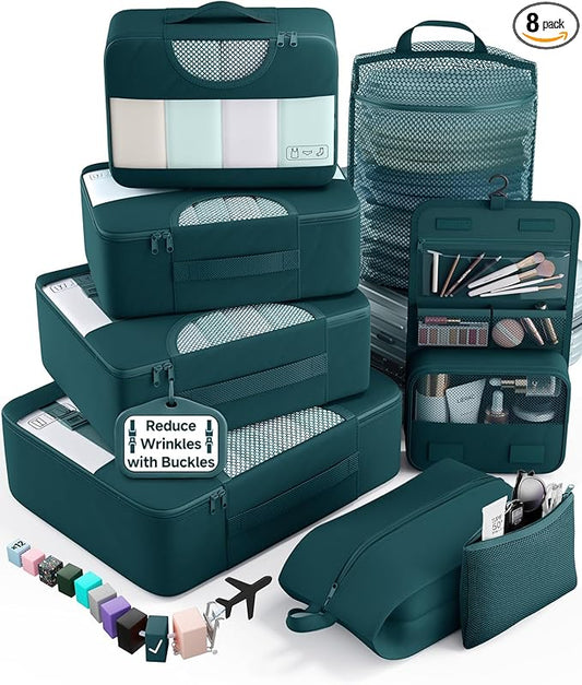 Veken 8 Set Packing Cubes for Travel Essentials, Suitcase Organizer Bags in 4 Sizes, Carry-On Luggage Accessories with Large Laundry & Shoes Bag, Must-Have for Airplane, Road Trip & Camping