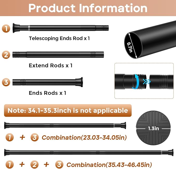 2 Pack Black Spring Tension Curtain Rods 23-46 Inch Adjustable Expandable Spring Loaded Curtain Rods No Drilling Suitable for Small Short Tension Rods 23-34 Inch Doors, Windows, Closet