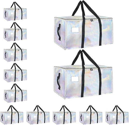 12 Pack-Extra Large Heavy Duty Moving Bags - Waterproof Storage Totes with Handles & Zippers, Foldable for College Dorm, Storage (Shiny Color)