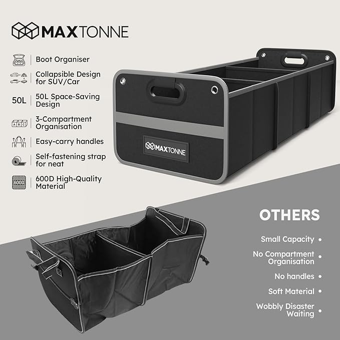 50L Car Trunk Organizer, Heavy-Duty 600D Oxford Collapsible Storage Box with 3-Compartments & Securing Straps, Foldable Organizer for SUV/Sedan/Truck, Car Accessories Storage