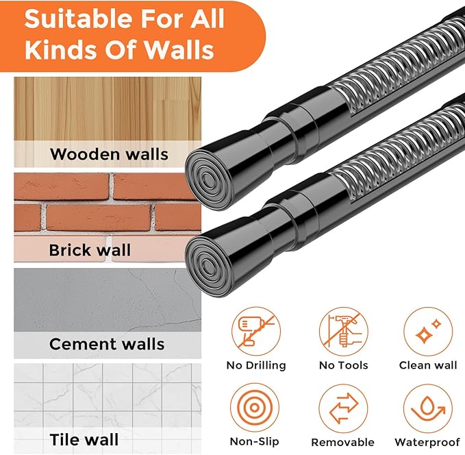 FVONZON Tension Curtain Rod Black Spring Tension Curtain Rods 26-39 inch 6Pack Adjustable Spring Rods Extendable Tension Rod For Closet, Window, Kitchen,Bookshelf,Bathroom