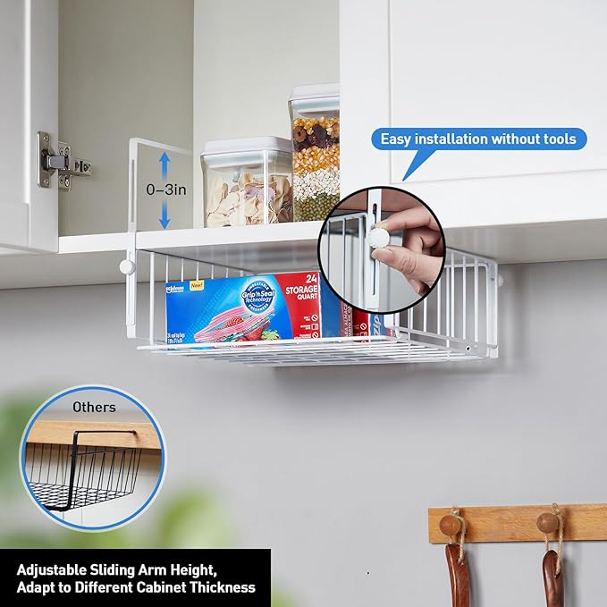 AmonHouseware 2 Pack Hanging Under Shelf Storage Basket,Adjustable Under Cabinet Add-on Storage Racks Slide-in Baskets Organizer for Laundry Room Kitchen Pantry Desk Bookshelf, White