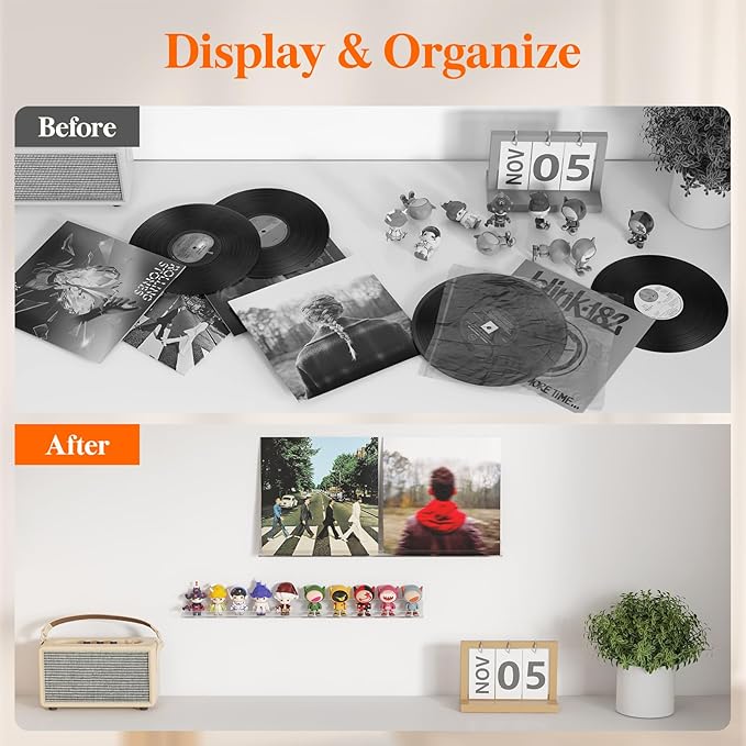 Lifewit Narrow Floating Shelves for Vinyl Record 12 Pack, 12" Clear Wall Shelves for Nail Polish/Book/Picture/Makeup, Acrylic Wall Display Shelf Organizer for Bedroom, Living Room, Bathroom Decor