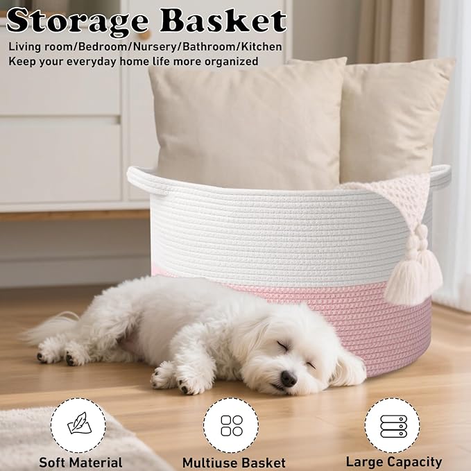 115L Large Blanket Basket,23.6" L x 23.6" W x 15.7" H Rope Woven Baskets with Handles, Toys Storage Bins,Laundry Basket Perfect for Living Room, Nursery,Bedroom,Home Organization,White&Pink
