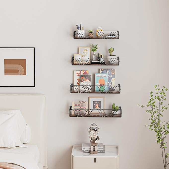 Amaoot Floating Shelves for Wall Set of 4, Different Sizes Mounted Wood Floating Shelf, Wall Shelves for Living Room, Bedroom, Bathroom, Kitchen, Farmhouse Decor, Office