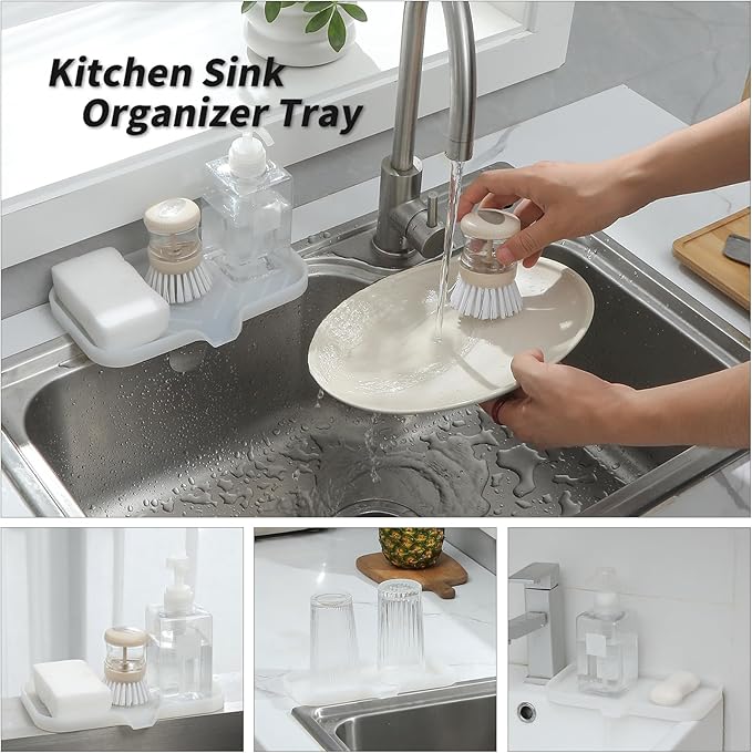 MicoYang Silicone Soap Dish with Drain Spout — Self-Draining Sink Organizer Tray for Bathroom & Kitchen, Sponges, Dispensers & Soap Holder, Non-Slip & Dishwasher Safe, Translucent (Medium, 9.6"×5.3")