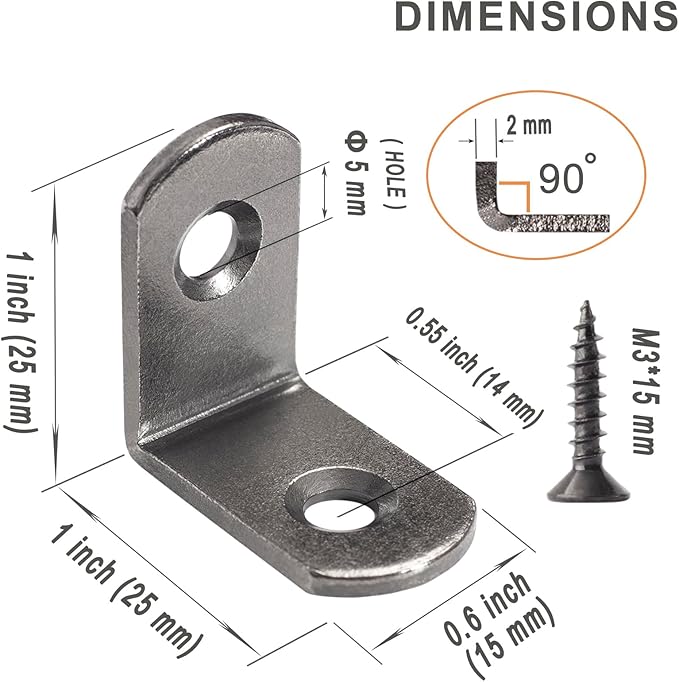L Bracket 1" Corner Brace 90 Degree Right Angle Metal Support Fastener for Wood Shelves Furniture Desk Cabinet Chair Drawer, Pack of 16, Black Tone Gun Metal