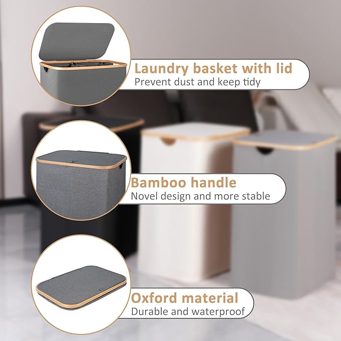 iEGrow 150L Laundry Hamper with Lid-Large Laundry Basket with Bamboo Handles, Grey Hampers for Laundry, Dirty Clothes Hamper with 2 Removable Inner Bags for Clothes Towels