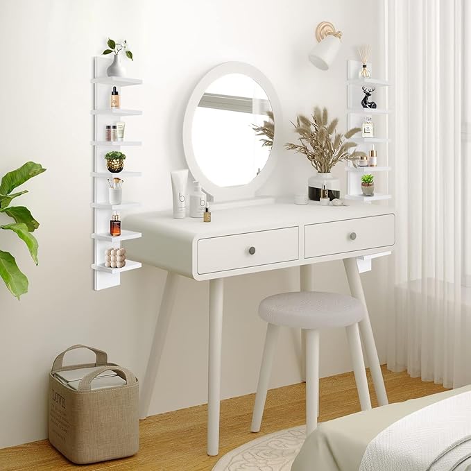 Homaterial Small 7 Tier Vertical Wall Shelf for Home Decor & Makeup Vanity - White Narrow Display Storage Shelf for Small Spaces, Decorative Vanity Shelf