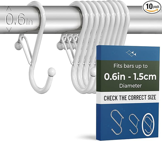 10-Pack Metal S Hooks for Hanging – Heavy-Duty S-Shaped Hooks with Safety Buckle – Fits Bars up to 0.6 in – Anti-Drop Hooks for Kitchen, Pot Racks & Towel Bars – White (Small)