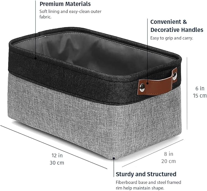OrganiHaus Small Fabric Storage Baskets 3 Pack, 12x8in Cloth Storage Bins for Shelves, Small Baskets for Organizing Bathroom Pantry Closet, Canvas Shelf Baskets, Gray/Black