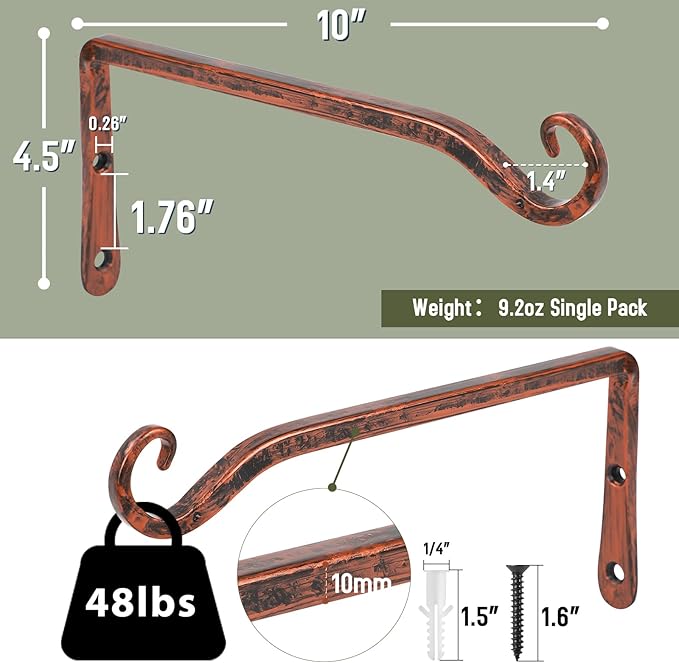 FEED GARDEN 2 Pack 10 Inch Hanging Plant Bracket Wall Hooks Decorative Plant Hangers for Outdoor Hanging Bird Feeders, Wind Chimes, Plant Baskets, Antique Bronze