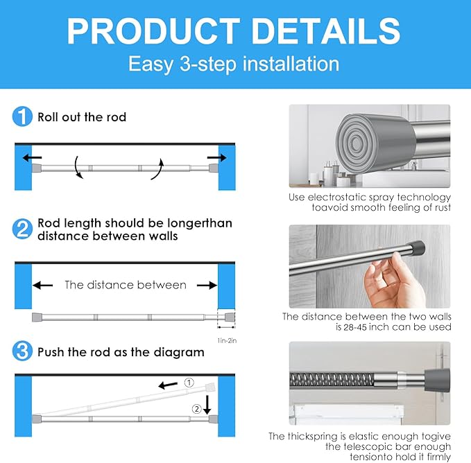 1 Pack Spring Tension Rods 28-45in, 5/8 Inch Diameter Silver No Drill Spring Loaded Adjustable Extendable, Small Short Tension Curtain Rod for Windows Kitchen Doorway Closet Cupboard