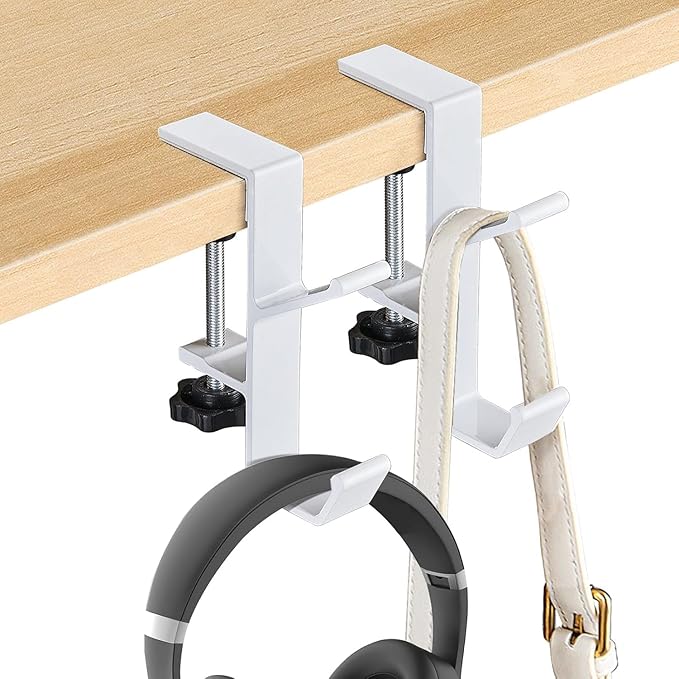 YUANQIAN Clamp-On Under Desk Headphone Holder Backpack Hook Students' Desk Hook with Adjustable Arm Clamp Women's Bag Handbag and Purse Holder -Suitable for Plate Between 1-5cm (2Pack White, 2)