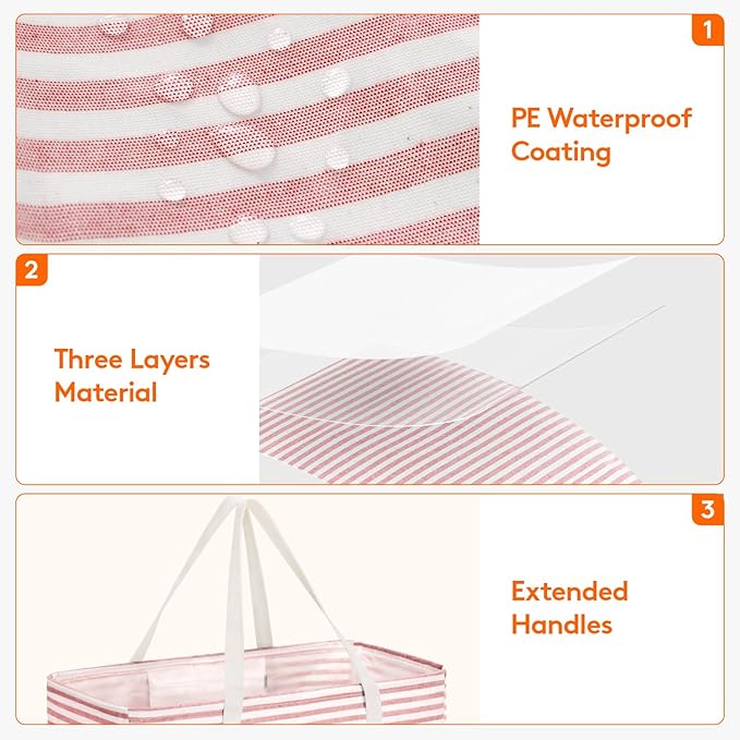 Lifewit Extra Large Tote Bag, Reusable Grocery Bags with Metal Wire Frame and Handles, Standing Utility Foldable Shopping Bags for Storage, Picnics, Beach, Laundry, Car, 46L, 2 Pack, Pink