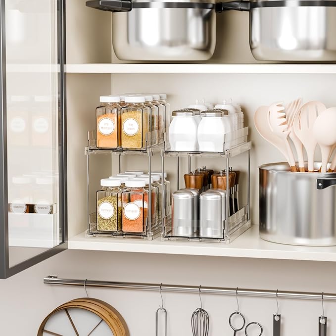 Yieach 4 Pack 2 Tier Vertical Spice Rack Pull Out,10.4'' Deep Narrow Slide Out Spice Rack Organizer for Inside Cabinets,Kitchen,Pantry,Cupboard Seasoning,Can,Jar Organizer and Medicine Cabinet Storage
