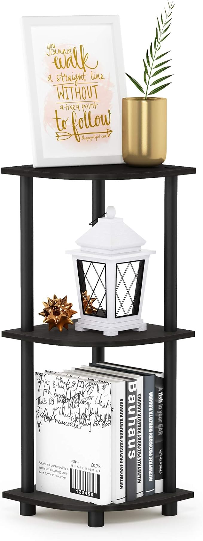 Furinno TURN-N-TUBE Corner Shelf, 3-Tier Corner Bookshelf, Display Storage Shelves with Open Shelves, for Organization and Storage, Living Room, Home Office, Garage, Espresso
