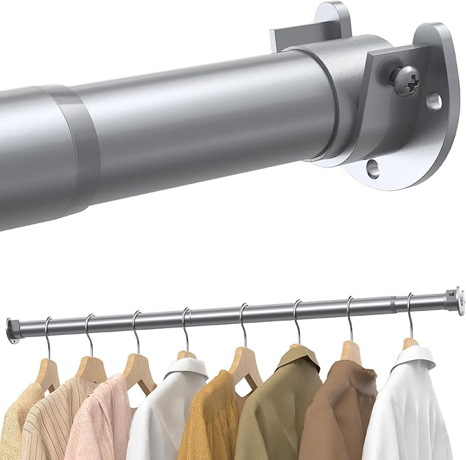 Closet Rods for Hanging Clothes, 17 to 69 Inches Stepless Adjustable Metal Closet Rod, 1.3 Inches Heavy Duty Clothes Hanging Rod for Closet Wardrobes Laundry RV, Silver