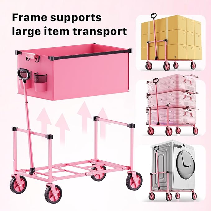 29.3" Collapsible Wagon Cart, 150L Heavy Duty Folding Utility Wagon with Wheels, 260 lbs Load, Portable Rolling Cart for Garden, Shopping, Sports, Camping, Pink