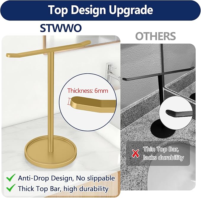 STWWO Hand Towel Holder, Stainless Steel Towel Holder Stand for Bathroom, Kitchen Countertop, T-Shaped Hand Towel Rack Stand, Gold