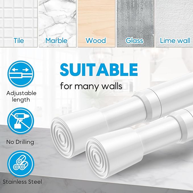 AIZESI 2 Pack Spring Tension Curtain Rod 32 to 58 inch Adjustable Curtain Rods No Drilling Expandable Spring Loaded Curtain Rod for Windows Doors Kitchen Curtains, White