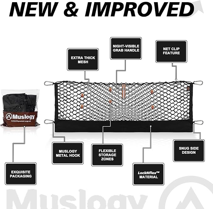 Muslogy Truck Bed Cargo Net Trunk Netting Compatible with Dodge Ram 1500 2019-2025 2026 Accessories, Pickup Cargo Organizer SUV Sedan Storage Net w/Heavy Duty Carabiners