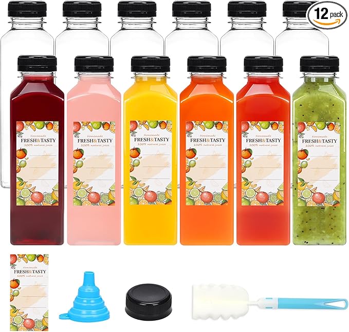 TOMNK 12pcs Juice Bottles, 16oz Reusable Plastic Juice Bottles with Caps and Labels, Funnel, Brush Beverage Containers for Juicing, Smoothies, Tea, Milk