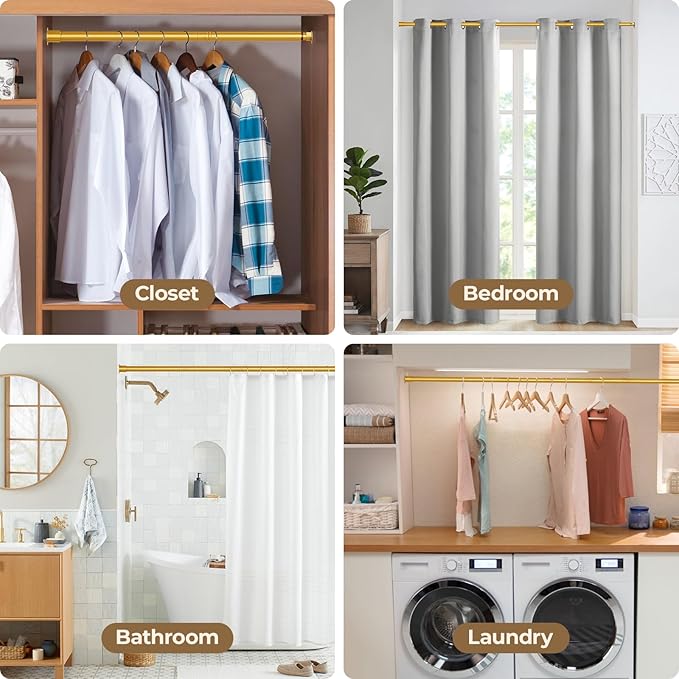 Mavivegue Closet Rod, 17 to 99 Inch Gold Adjustable Closet Rods for Hanging Clothes, Hanging Rod for Closet Wardrobes Laundry RV, Bathroom
