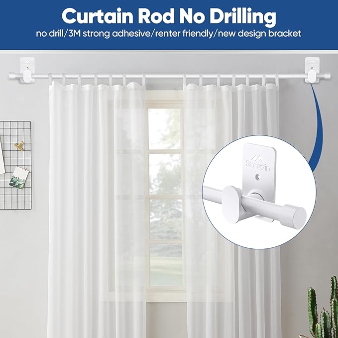 SIMEWIN Curtain Rods No Drilling for Windows 30 to 120 Inches, 5/8 Inch Diameter No Drill Small Curtain Rod Set with 3M Adhesive Brackets, White