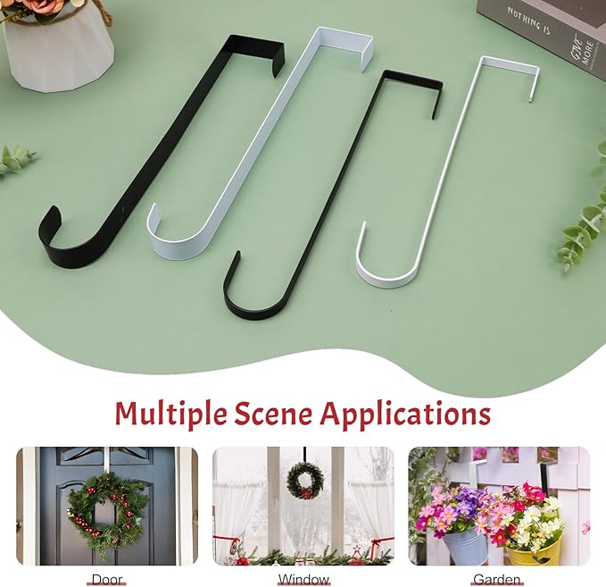 12 in Wreath Hanger for Front Door 2 Pack Black Wreath Hangers Over The Door Wreaths Hanger Hook Christmas Wreaths Holder Hook Halloween Home Decorations Hanging Clothes Bag Narrow