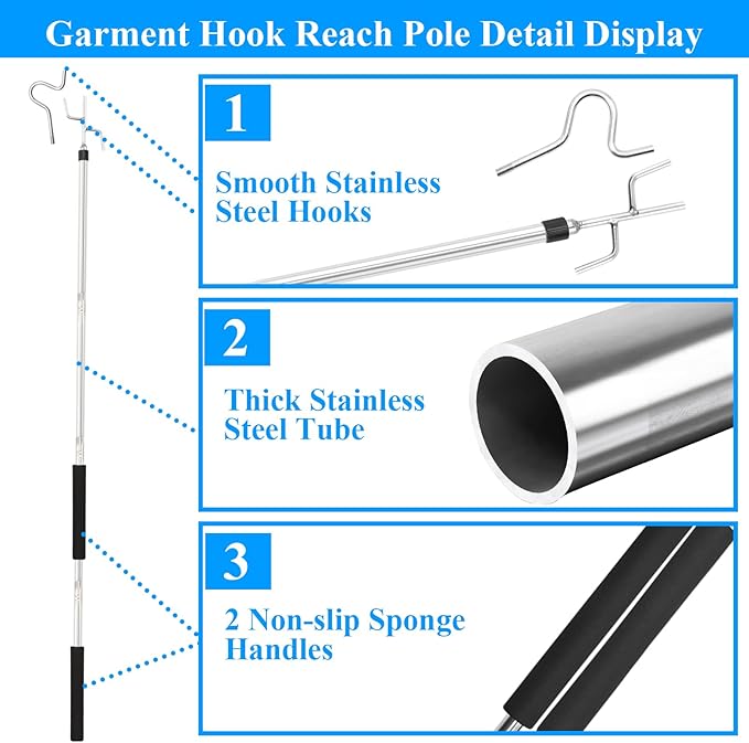 Clothes Hook Pole Heavy Duty,32 to 80In Retail Clothing Hook Pole Long Handle with 2 Hooks Hanging Birdfeeder Frosted Tube Extension Pole to Reach High Hangers for Turck (Silvery 80in)