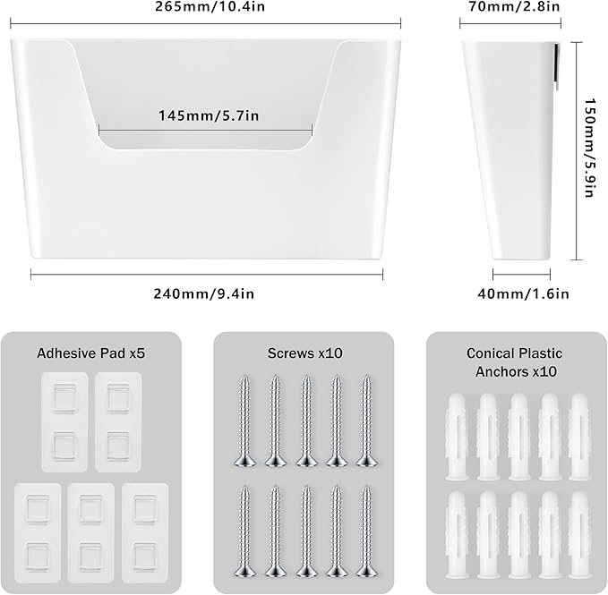 JOMOLA No Drilling File Holder 5 Pack Mail Organizer Wall Mount File Organizer Holder Office Wall Hanging Files Magazines Organizer Plastic Door Mount Wall Pocket with Adhesive Pad, White Color