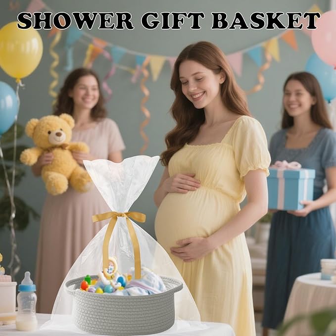 3 Pack Small Woven Rope Basket-Empty Gifts Basket with Bag and Ribbons,Cute Handle Organizer Box for Birthday/Baby Shower, Toy Storage, Nursery Organizing & Shelf Decor(Grey)