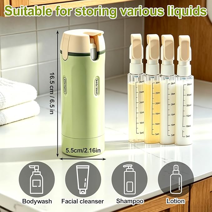4 in 1 Travel Dispenser Bottle Leakproof Refillable Travel Bottles for Toiletries Portable Size Containers for Shampoo Lotion Cosmetics Travel Essentials for Women Men (Green)