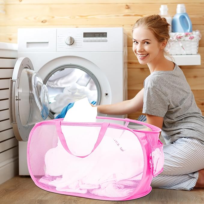 4 Pcs Durable Collapsible Laundry Baskets, Foldable Large Opening Pop Up Laundry Hamper with Pocket, Clothes Hamper with Handles for Laundry, Bathroom, Kids Room, Dorm or Travel Pink