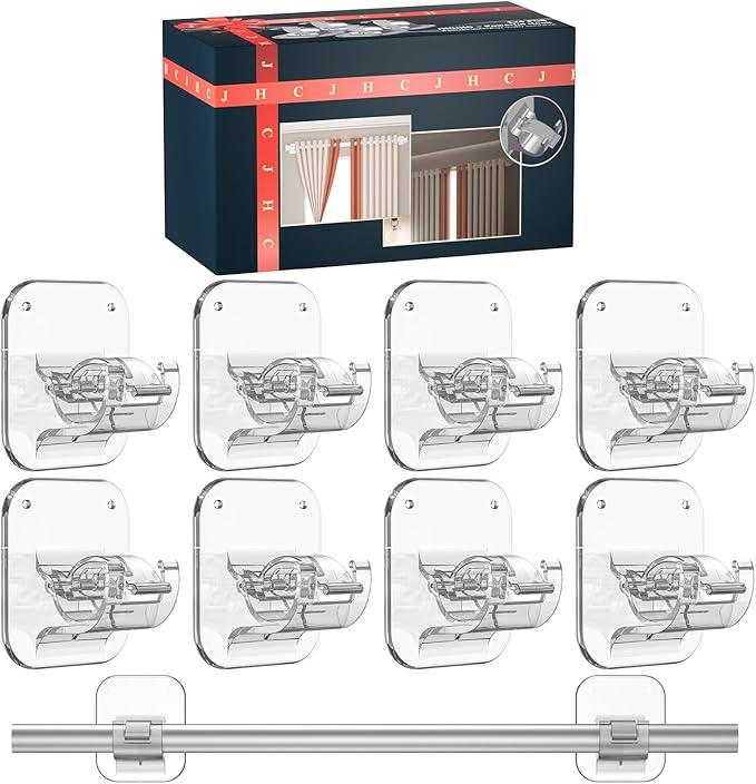 No Drill Curtain Rod Brackets - 20LB, 8 Pack Self Adhesive Curtain Rod Holder, Peel and Stick Wall Hooks, Renter Friendly Upgrades for Apartment, Kitchen, Bathroom, Dorm, Living Room and RV