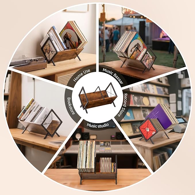 PUERSI Vinyl Record Storage Rack, 80 LP Record Storage Holder, 1 Tier Vinyl Display Shelf with Adjustable Divider, Organizer for Albums, Magazine, Book, Files - Brown