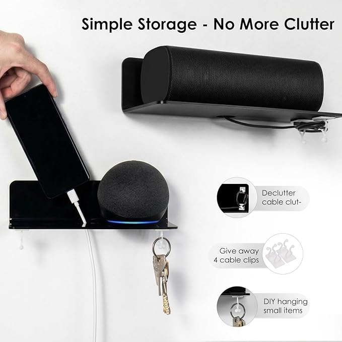 OAPRIRE Acrylic Floating Wall Shelves Set of 2, Damage-Free Expand Wall Space, Small Display Shelf for Smart Speaker/Action Figures with Cable Clips
