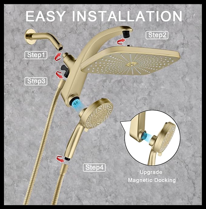 BOZYBO Rain Shower Head with Handheld: High Pressure Shower Heads with Handheld Spray Combo, 12" Rainfall Shower Head and 9 Sprays Hand Showerheads with Magnetic Docking and Power Jets, Gold 2.5GPM