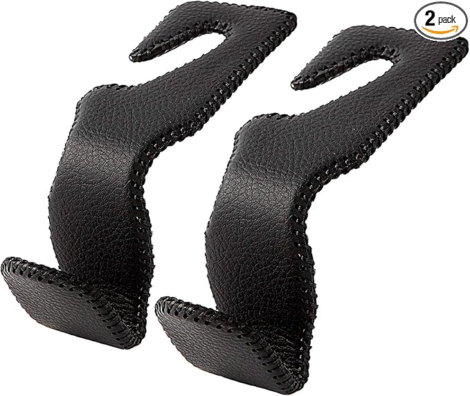 Headrest Hooks for Car, Back Seat Organizer Black Leather Hanger Holder Hook, for Hanging Purses and Bags and Coats, Pack of 2