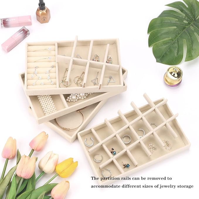 Velvet Jewelry Organizer for Drawer, Stackable Jewelry Drawer Inserts in Dresser, 8in Beige Storage Display Case for Rings Stud Necklaces Accessories, Set of 12