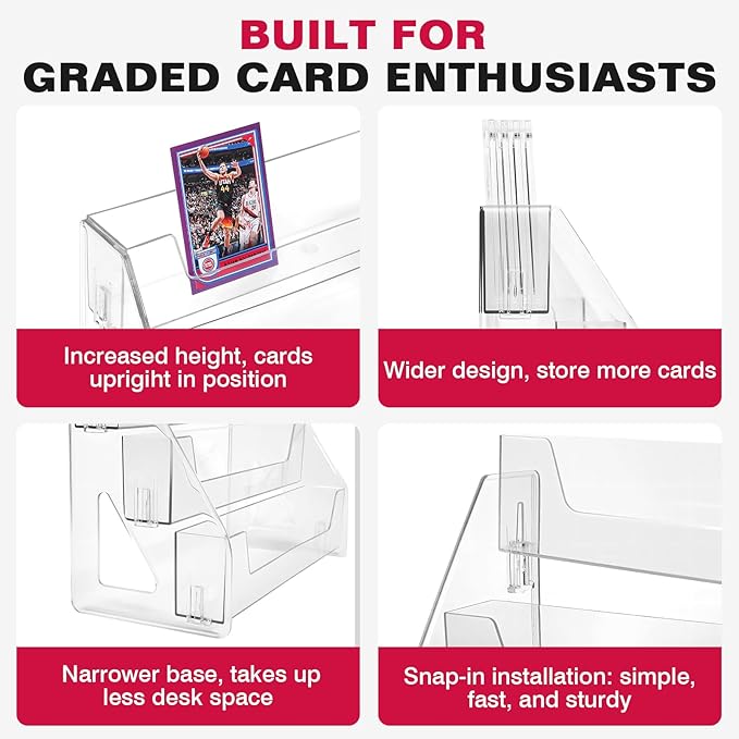 Trading Card Display Stand, Vertical Holder for Baseball Basketball Sports Graded Card Display Stand Tabletop for PSA BGS SGC Slabs, Snap-On Assembly(3 Tier, 2 Pack)