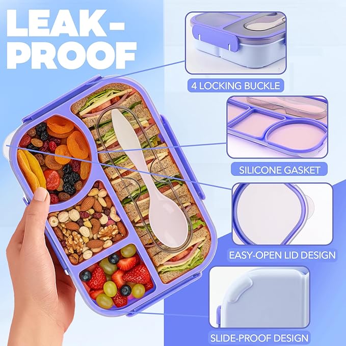 Bento Box for Adults,4 Compartments Lunch Box, Snack Containers Reusable Lunch Containers Drop-Proof, Dishwasher Safe & Made with BPA-Free Materials, Blue