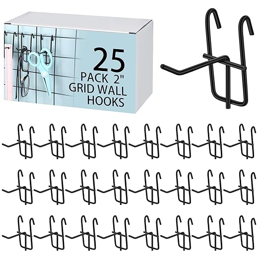 Moxweyeni 2 Inch Grid Wall Hooks 25 Pcs Gridwall Panel Hooks Store Garage Wall Mount Organizers Storage Grid Display Hangers for Retail, Craft Show, Home Setup, Customized Display(Black)