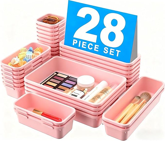 【𝟮𝟴𝗣𝗖𝗦】 【𝟱𝗦𝗶𝘇𝗲】 Pink Drawer Organizer, Makeup organizer, 【Holds 177 Items】 Bathroom Organizers and Storage, Plastic Desk Organizer Divider, Organizer Bins for Office Vanity A-LUGEI