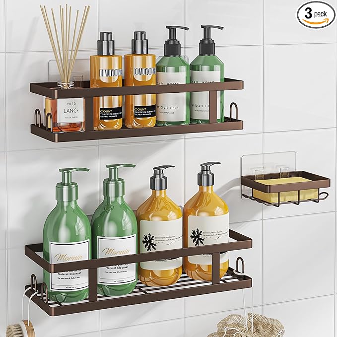 Youvip Adhesive Shower Caddy,Shower Shelves with Soap Holder and 12 Hooks,Rustproof No Drilling Bathroom Organizer and Storage,Bronze,3 Pack