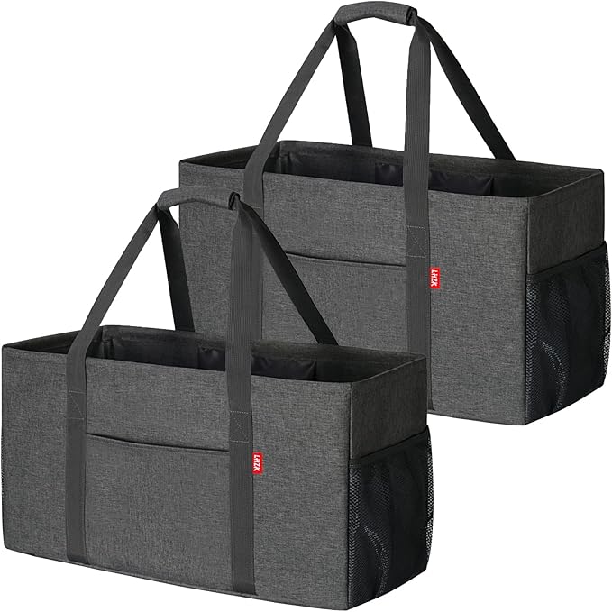 LHZK 2 Pack Extra Large Utility Tote Bag with Metal Wire Frame and the Sides Rinforced, Extra Large Tote Bag with Handle for Pool Beach Laundry Storage (Grey)
